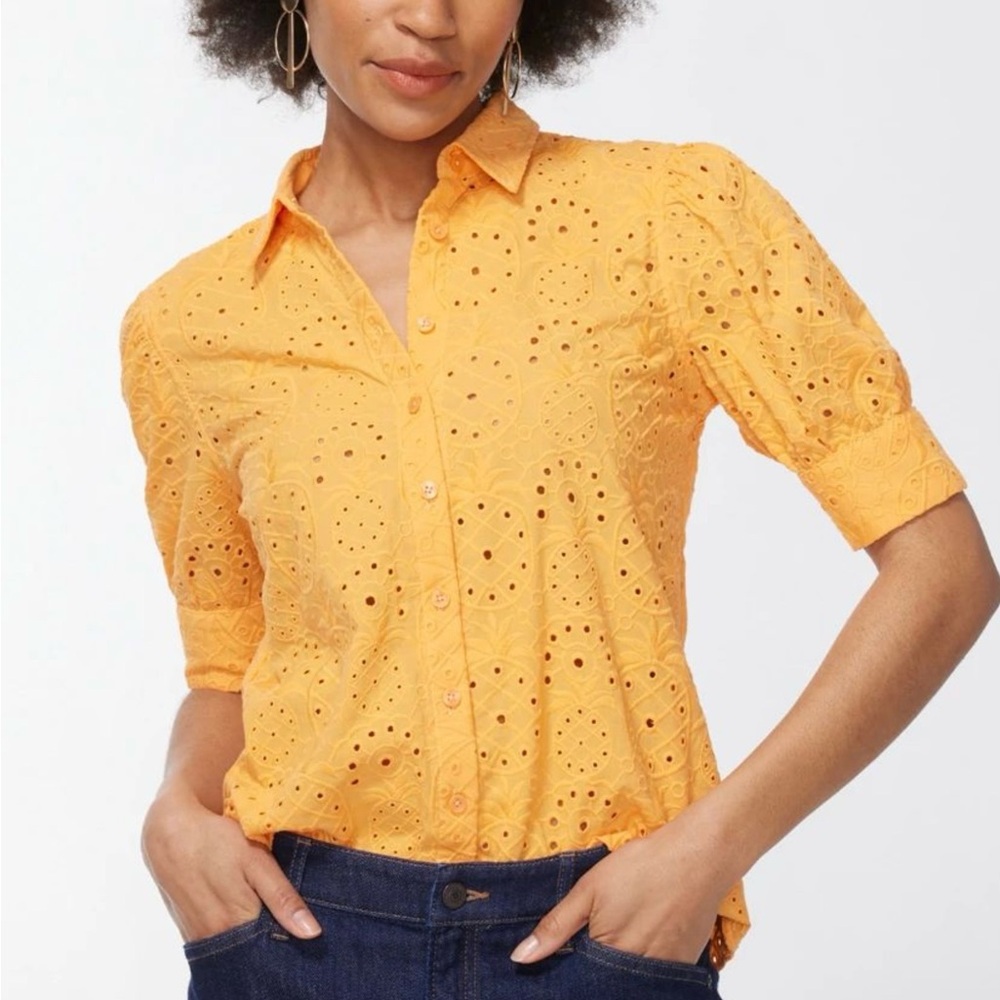 Chico’s Pineapple Eyelet Shirt. Sz 3. Orange. Puff Sleeves. Button Down w/Collar